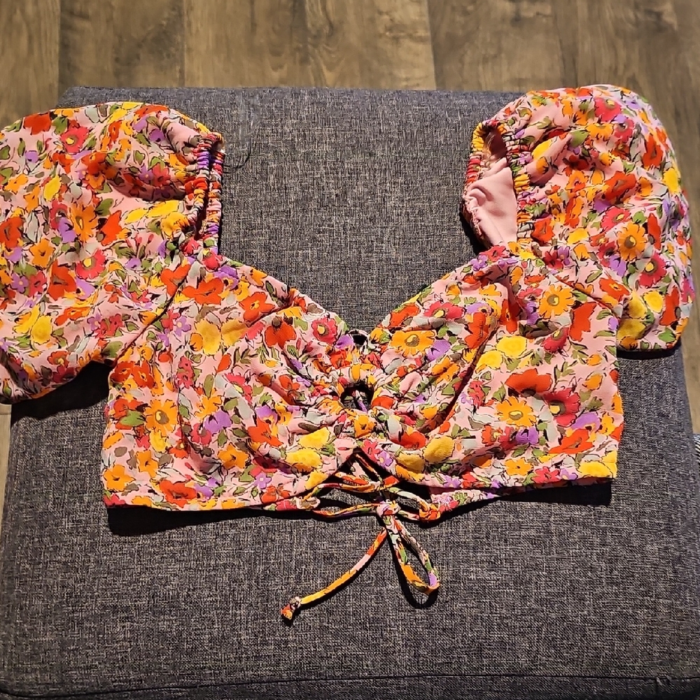 Wild Fable Colorful Floral Puff Sleeve Crop Top Xsmall Summer Halter Women